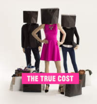 The True Cost Movie Poster- 3 models in fashionable clothes with their heads in black boxes.