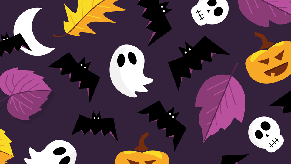 cartoon bats, pumpkins, ghosts and leaves