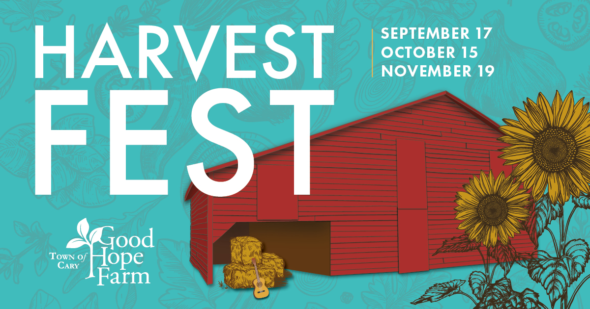 Harvest Fest graphic with a red barn and sunflowers