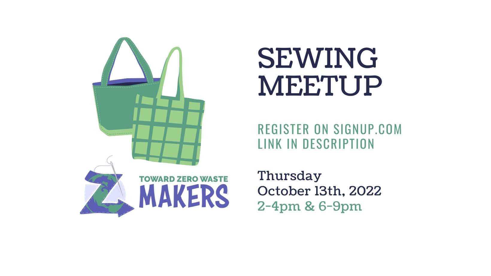 Sewing Meetup announcement with 2 cartoon bags