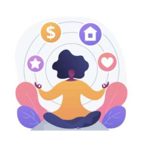 Woman sitting criss cross with star icon, money icon, house icon, and heart icon above her.