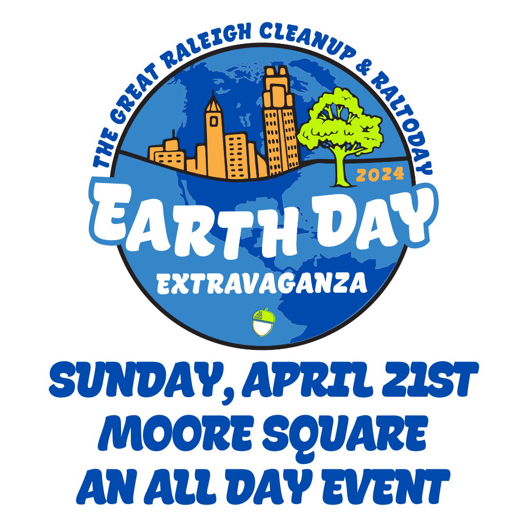 Graphic of the Earth Day event with a city and a tree Sunday April 21st at Moore Square All day event