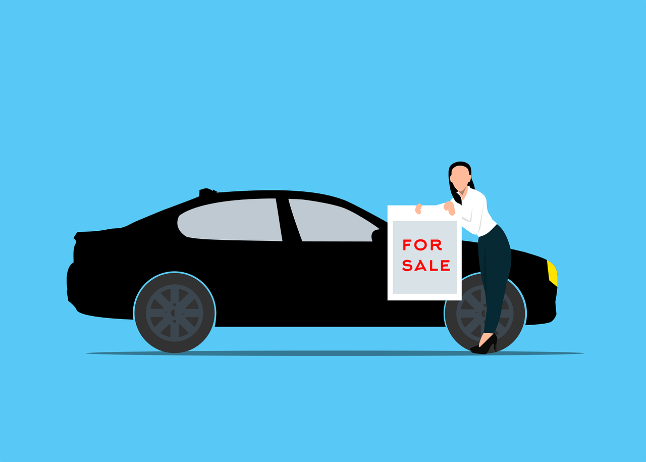 Digital drawing of a white woman wearing a white shirt, dark pants, and dark heels holding a "for sale" sign in front of a black sedan